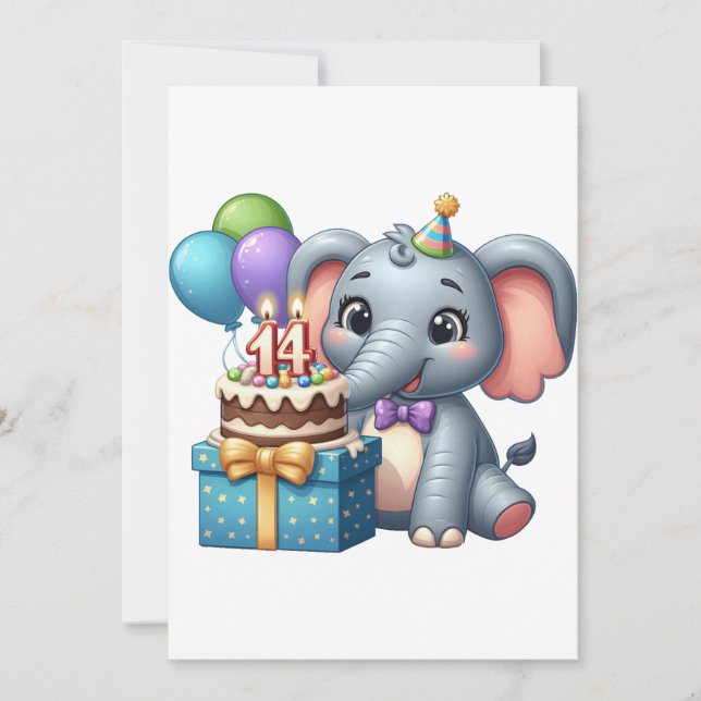 14th Birthday Elephant Holiday Card (Front)