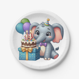 14th Birthday Elephant Paper Plate