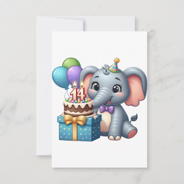 14th Birthday Elephant RSVP Card (Front)