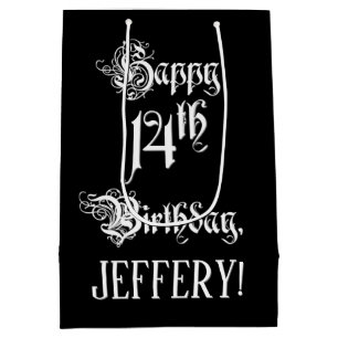 14th Birthday: Fancy, Elegant Script + Custom Name Medium Gift Bag