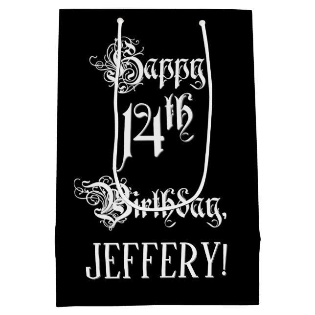 14th Birthday: Fancy, Elegant Script + Custom Name Medium Gift Bag (Back)