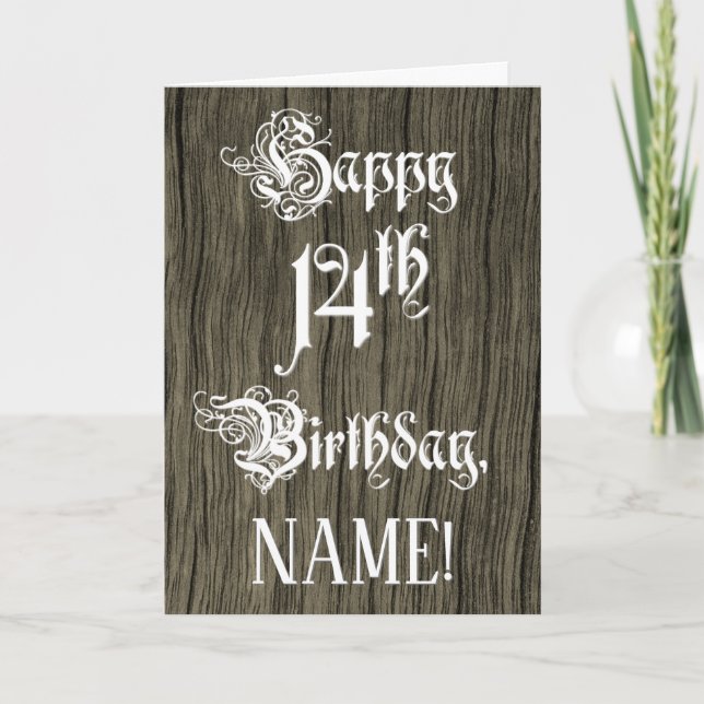 14th Birthday: Fancy, Elegant Text; Faux Wood Look Card (Front)