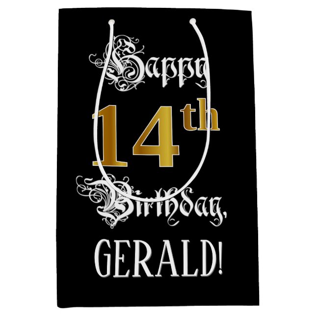 14th Birthday ~ Fancy Script; Faux Gold Look; Name Medium Gift Bag (Front)