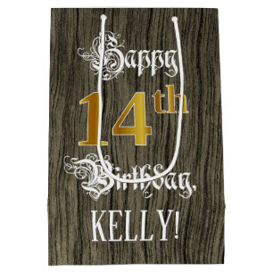 14th Birthday: Faux Gold Look & Faux Wood Pattern Medium Gift Bag