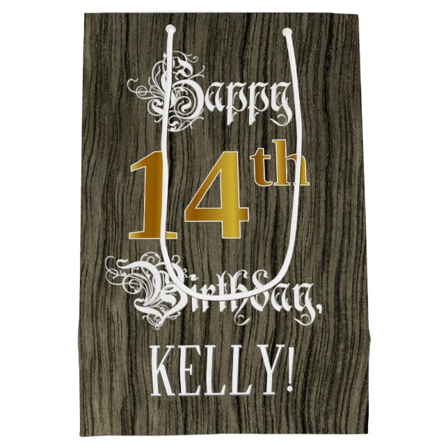 14th Birthday: Faux Gold Look & Faux Wood Pattern Medium Gift Bag (Back)
