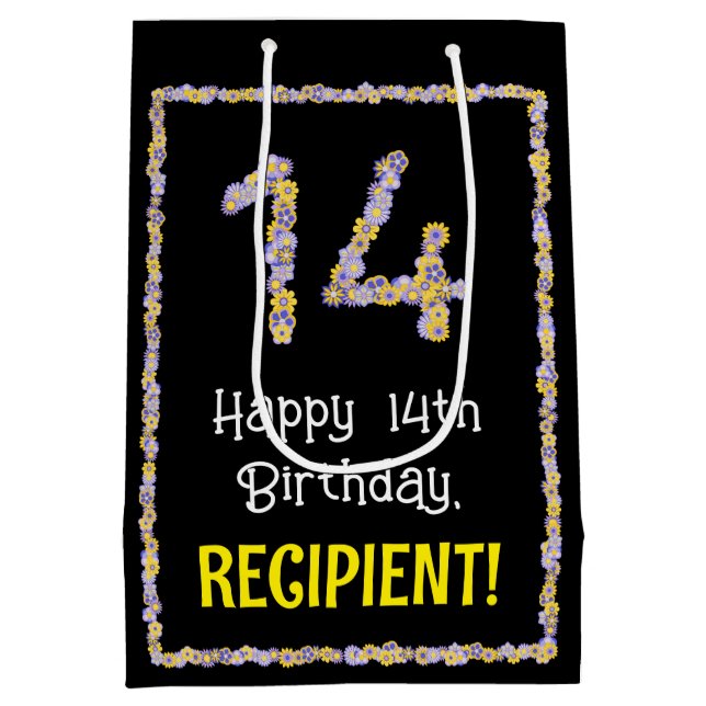 14th Birthday: Floral Flowers Number, Custom Name Medium Gift Bag (Back)