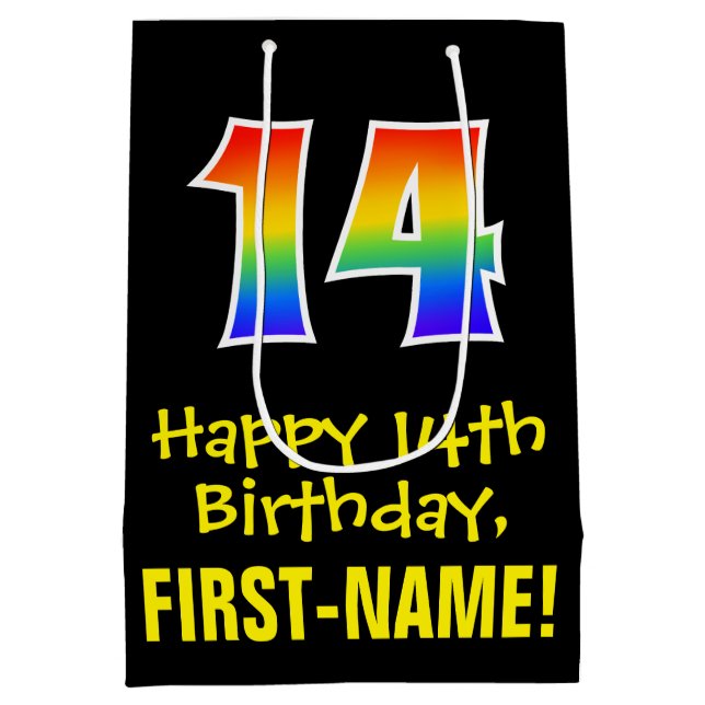 14th Birthday: Fun, Bold, Colourful, Rainbow "14" Medium Gift Bag (Back)