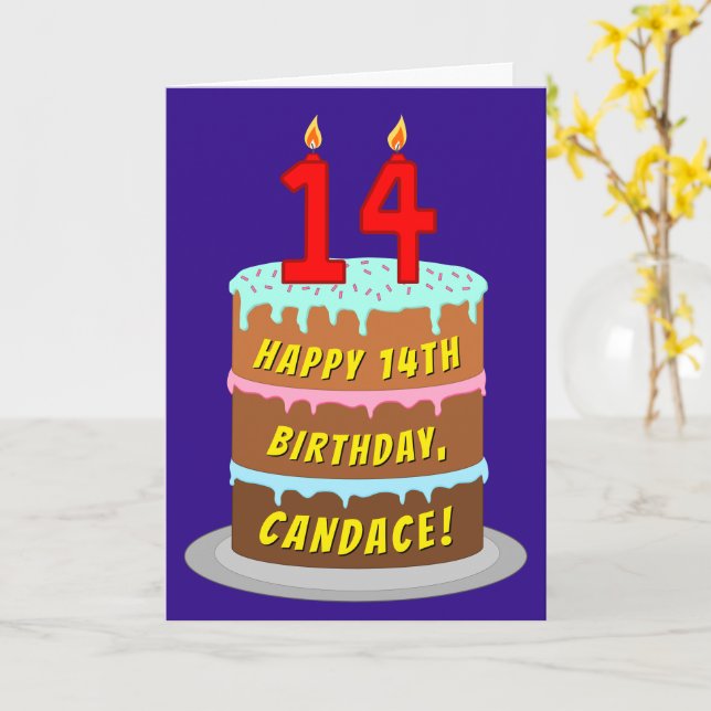 14th Birthday: Fun Cake and Candles + Custom Name Card (Yellow Flower)