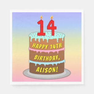 14th Birthday: Fun Cake and Candles + Custom Name Napkin