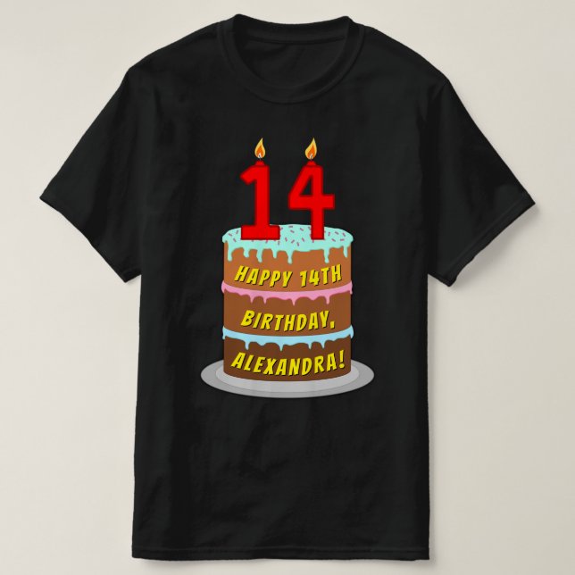 14th Birthday — Fun Cake & Candles, w/ Custom Name T-Shirt (Design Front)