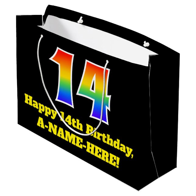 14th Birthday ~ Fun, Colourful, Vibrant, Rainbow 1 Large Gift Bag (Back Angled)