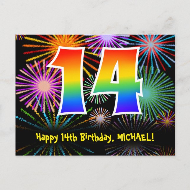 14th Birthday – Fun Fireworks Pattern + Rainbow 14 Postcard (Front)