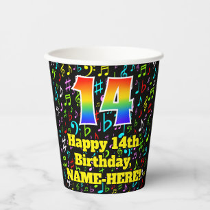 14th Birthday: Fun Music Notes Pattern, Rainbow 14 Paper Cups