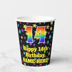 14th Birthday: Fun Stars Pattern and Rainbow 14 Paper Cups