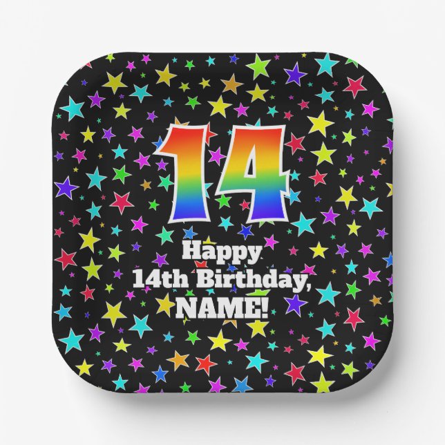 14th Birthday: Fun Stars Pattern and Rainbow “14” Paper Plate (Front)