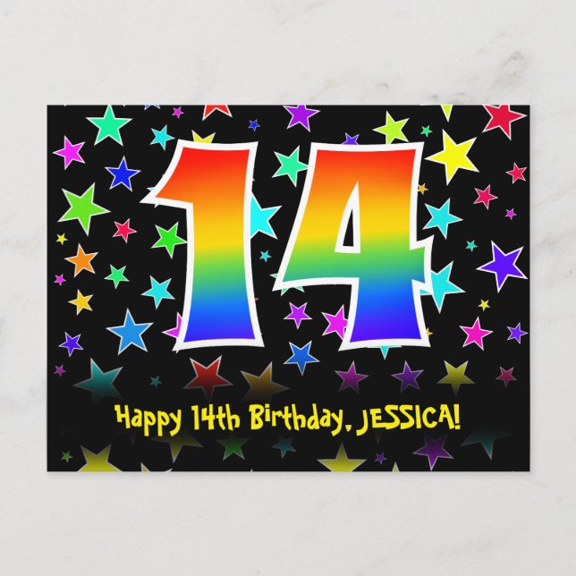 14th Birthday: Fun Stars Pattern, Rainbow 14, Name Postcard (Front)