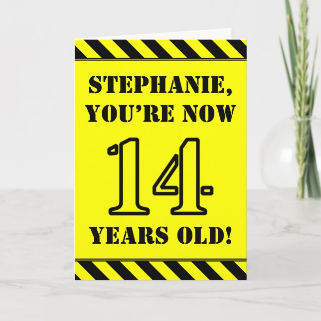 14th Birthday: Fun Stencil Style Text, Custom Name Card (Front)
