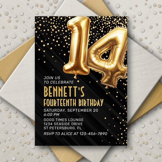14th Birthday Gold Black Invitation (Creator Uploaded)