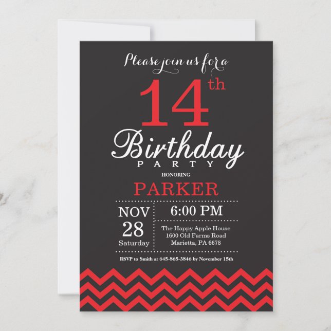 14th Birthday Invitation Black and Red (Front)