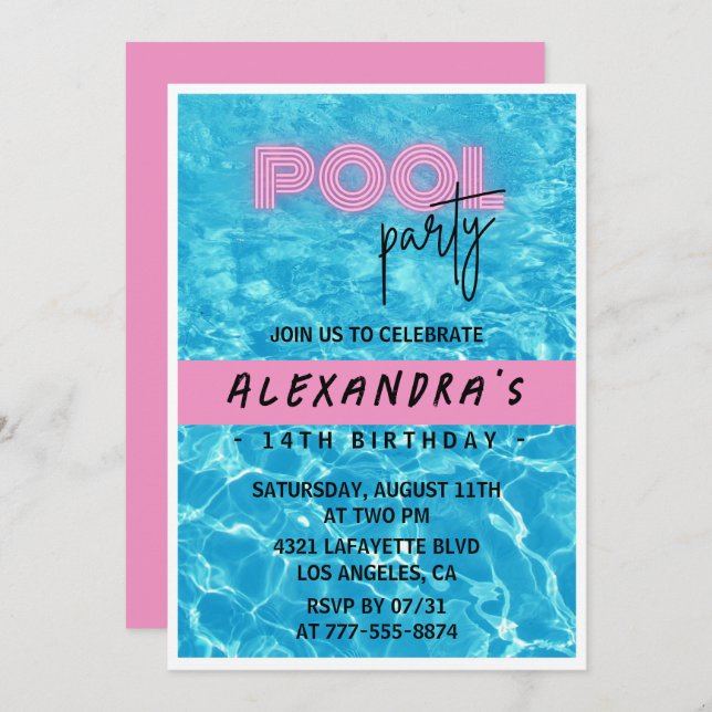 14th birthday invitation for her Pool Party Summer (Front/Back)