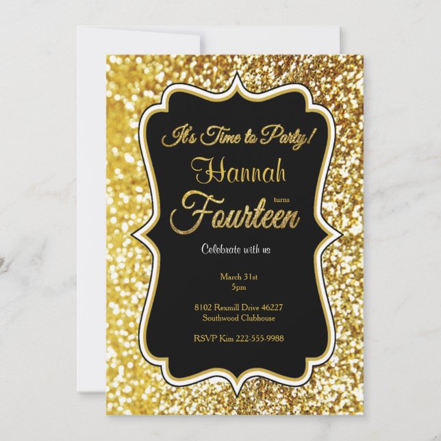 14th birthday invitation in black and gold (Front)