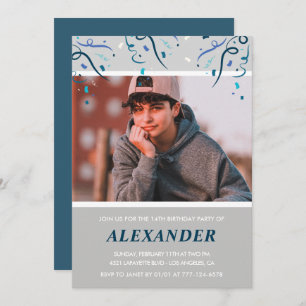14th birthday invitations boy Confetti Photo Blue