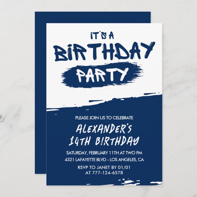 14th birthday invitations boy Graffiti Navy Blue (Front/Back)