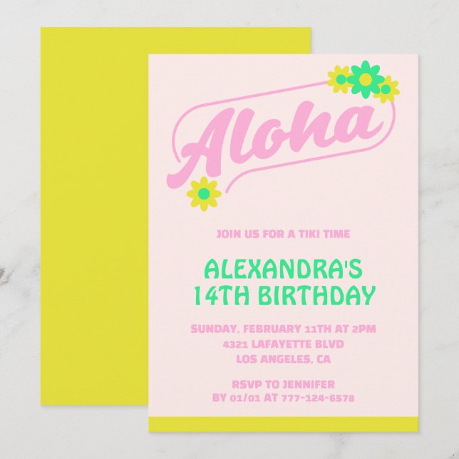 14th birthday invitations Tropical Aloha Pink (Front/Back)