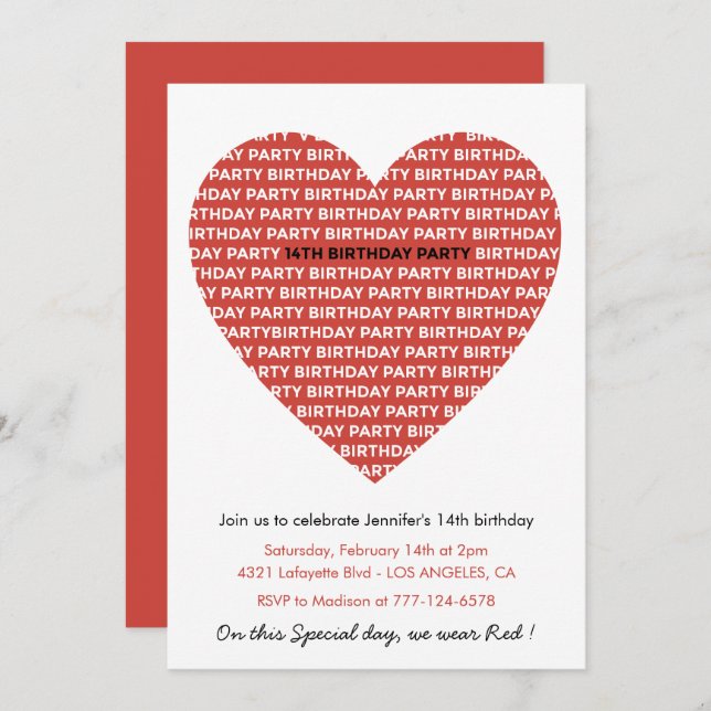 14th birthday invitations Typography Red Black (Front/Back)