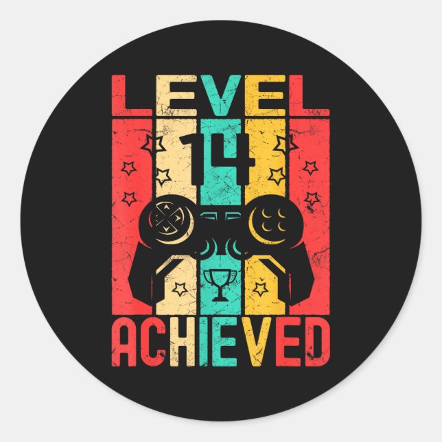 14th Birthday Level 14 Achieved Gamer Funny Birthd Classic Round Sticker (Front)