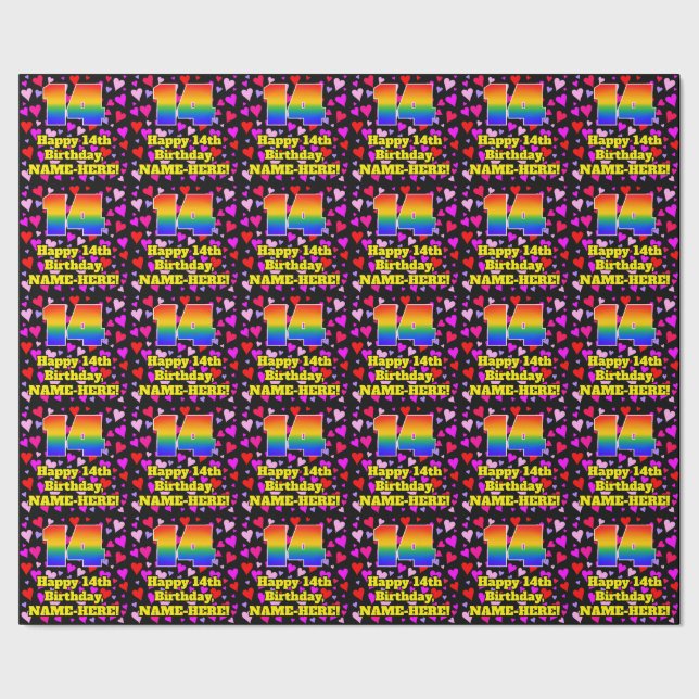 14th Birthday: Loving Hearts Pattern, Rainbow # 14 Wrapping Paper (Seam)