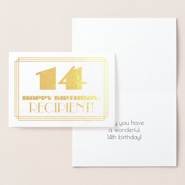 14th Birthday; Name + Art Deco Inspired Look "14" Foil Card (Display)