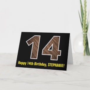 14th Birthday: Name + Faux Wood Grain Pattern "14" Card
