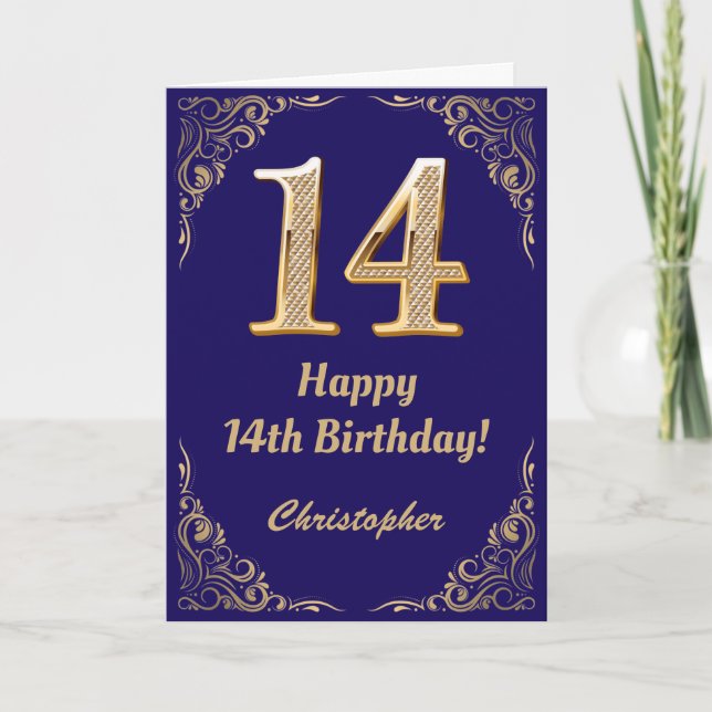 14th Birthday Navy Blue and Gold Glitter Frame Card (Front)