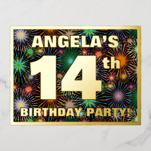 14th Birthday Party: Bold, Colourful Fireworks Loo Foil Invitation Postcard