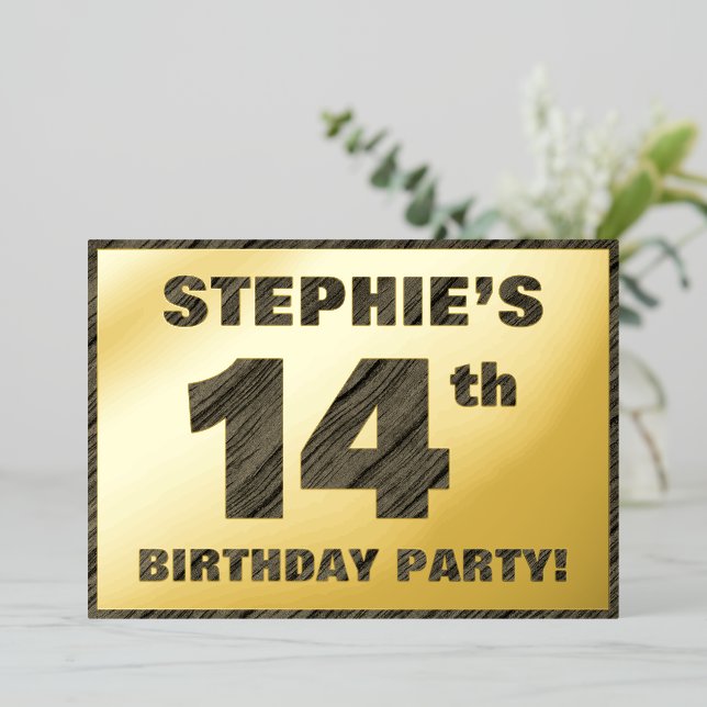 14th Birthday Party — Bold, Faux Wood Grain Text (Standing Front)