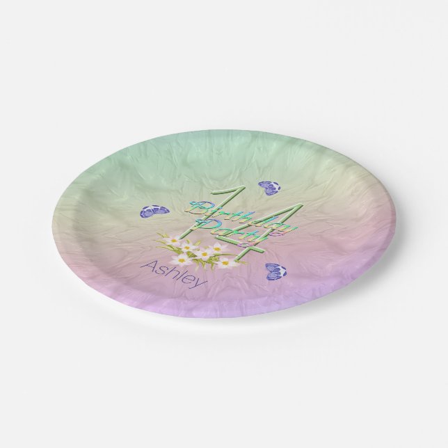 14th Birthday Party Butterflies and Wildflowers Paper Plate (Angled)
