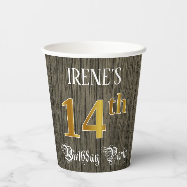 14th Birthday Party — Faux Gold & Faux Wood Looks Paper Cups (Back)