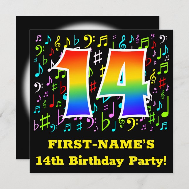14th Birthday Party: Fun Music Symbols, Rainbow 14 Invitation (Front/Back)