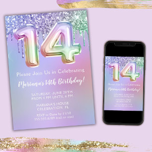 14th Birthday Party Invitation Purple Pink Glitter