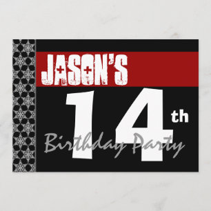 14th Birthday Party Modern Red Black and White Invitation