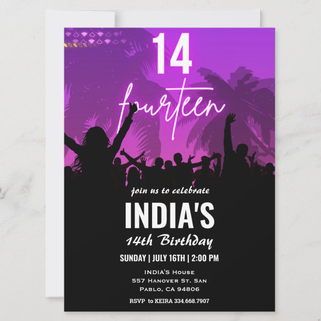 14th Birthday Party Pink Neon Invitation (Front)