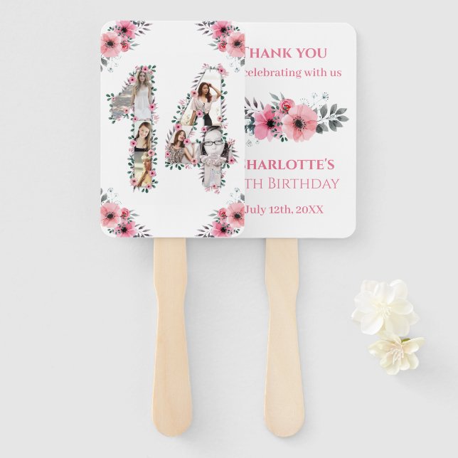 14th Birthday Photo Collage Pink Girl Flower White Hand Fan (Front and Back)