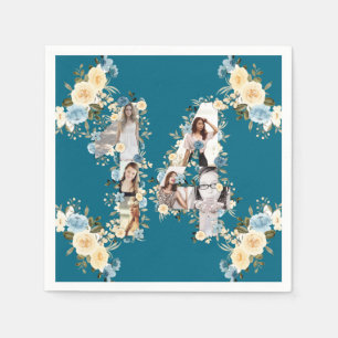 14th Birthday Photo Collage Teal Yellow Flower Napkin