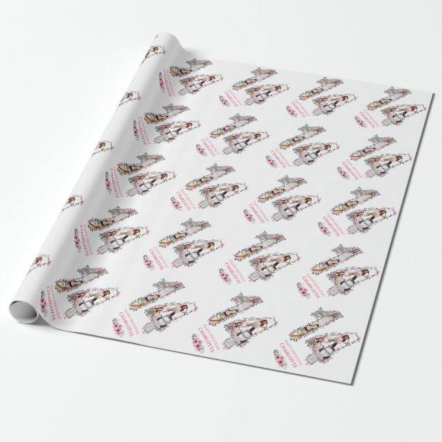 14th Birthday Photo Girl Collage Pink Flower White Wrapping Paper (Unrolled)