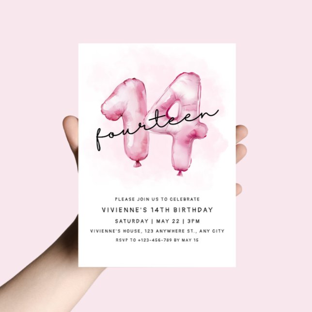 14th Birthday Pink Balloon Invitation (Creator Uploaded)