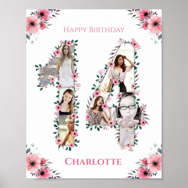 14th Birthday Pink Flower Girl Photo Collage White Poster (Front)