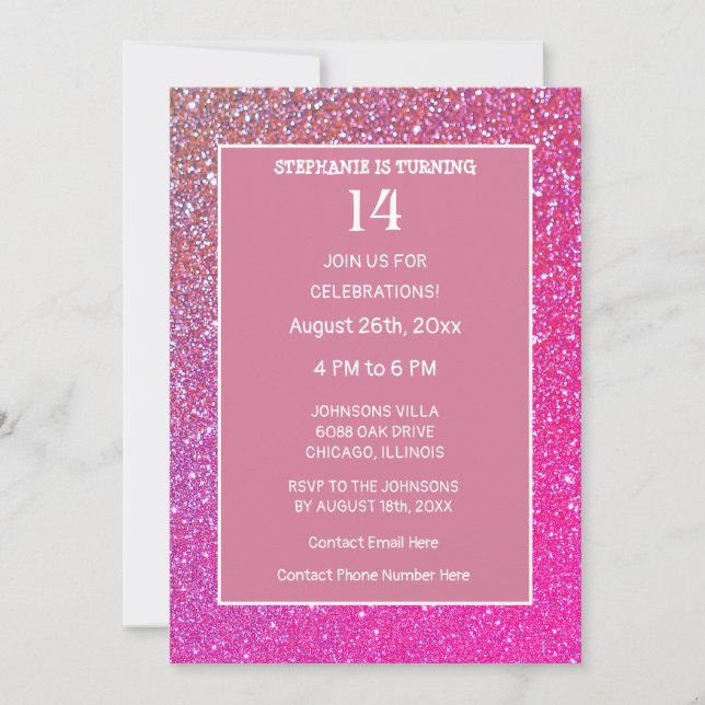 14th Birthday Pink Rose Gold Glitter Fourteen Year Invitation (Front)