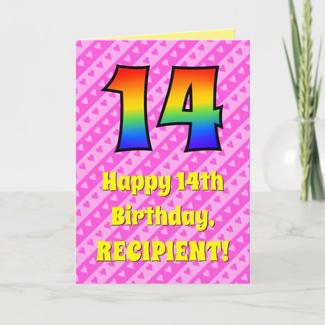 14th Birthday: Pink Stripes & Hearts, Rainbow # 14 Card (Front)
