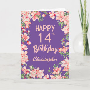 14th Birthday Purple Pink Peach Watercolor Floral Card
